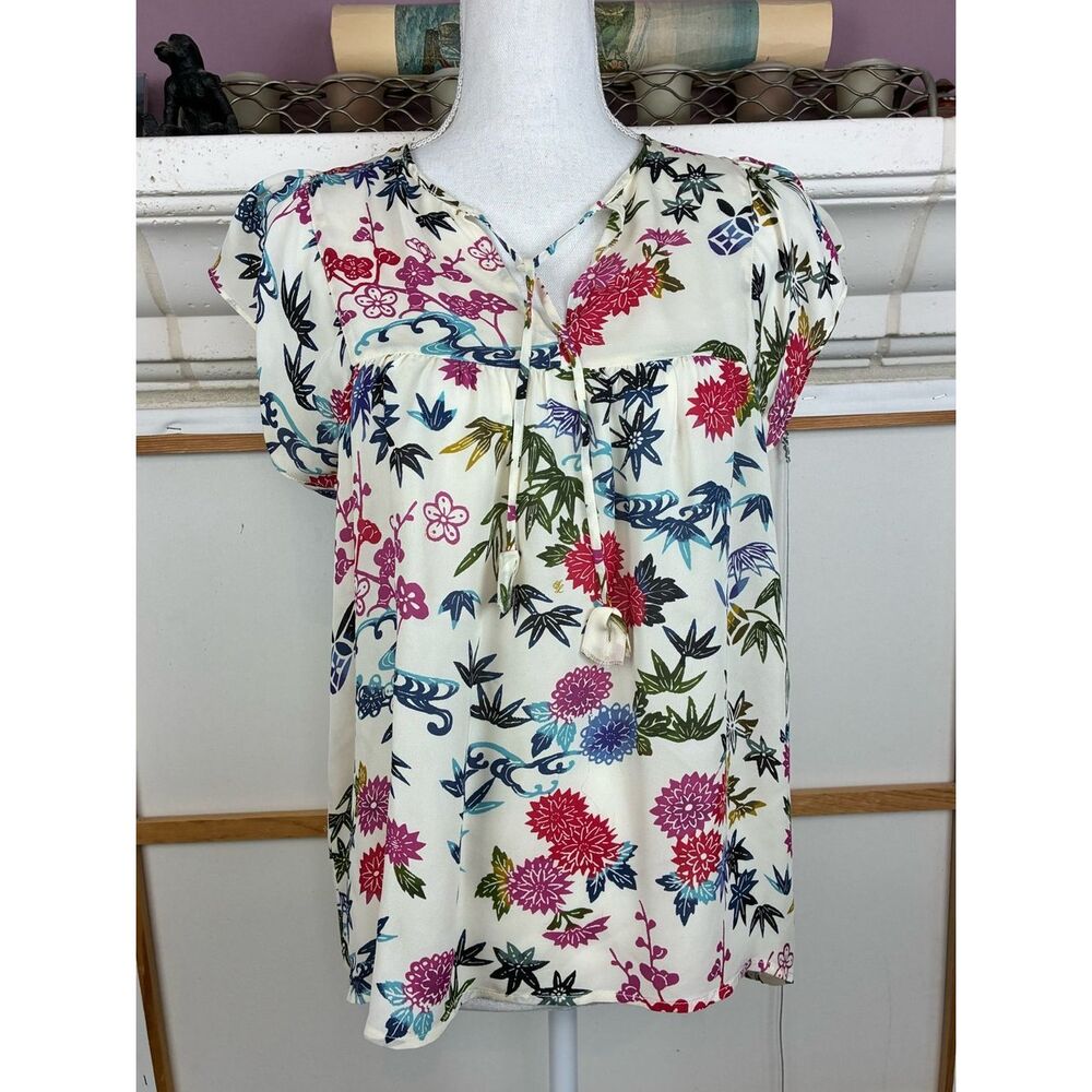 Nieves Lavi Silk Floral Blouse with tassel ties